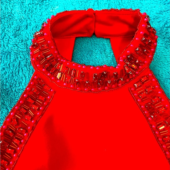 Red Prom Dress with Bead Trim - Picture 5 of 13